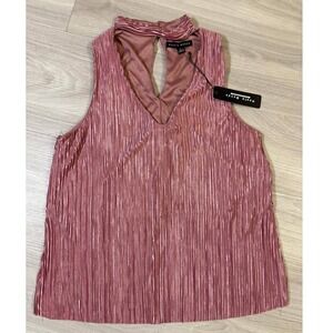 Haute Monde Pink Metallic Pleated Mock Neck Keyhole Tank Top Size L